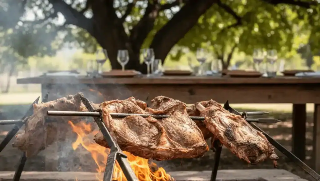 Asado argentino a la llama cocinándose al aire libre en la montaña, acompañado de vino mendocino, parte de la excursión de cabalgata.