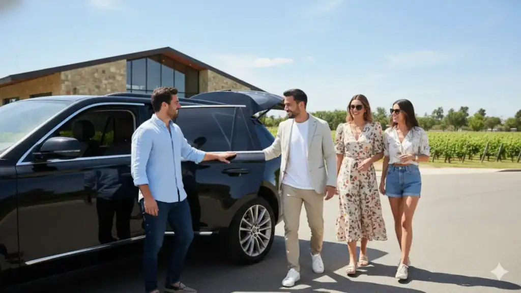 Chofer privado de Tupuntravels recibiendo a turistas en una bodega para una excursión flexible.