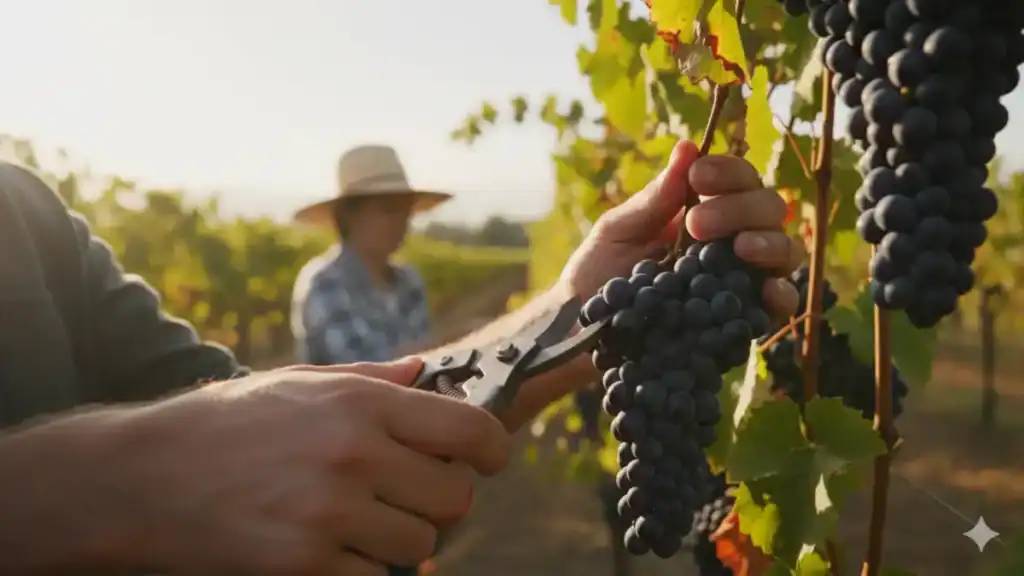 Detalle de cosecha manual de uvas Malbec en una experiencia turística de Vendimia en Mendoza.