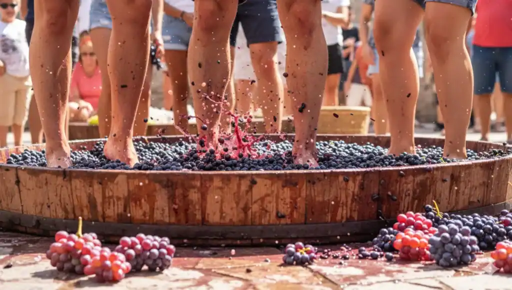 Turistas participando en la tradicional pisada de uva durante una experiencia de Vendimia 2026 en una bodega de Mendoza.