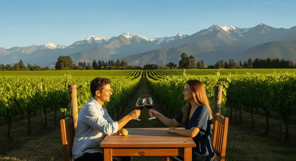 Pareja brindando con vino tinto en viñedos de Tupungato con la cordillera de fondo