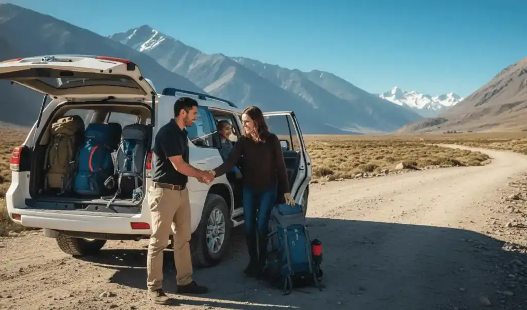 Vehículo de turismo moderno de Tupuntravels esperando en un camino de montaña para el traslado seguro de los pasajeros.