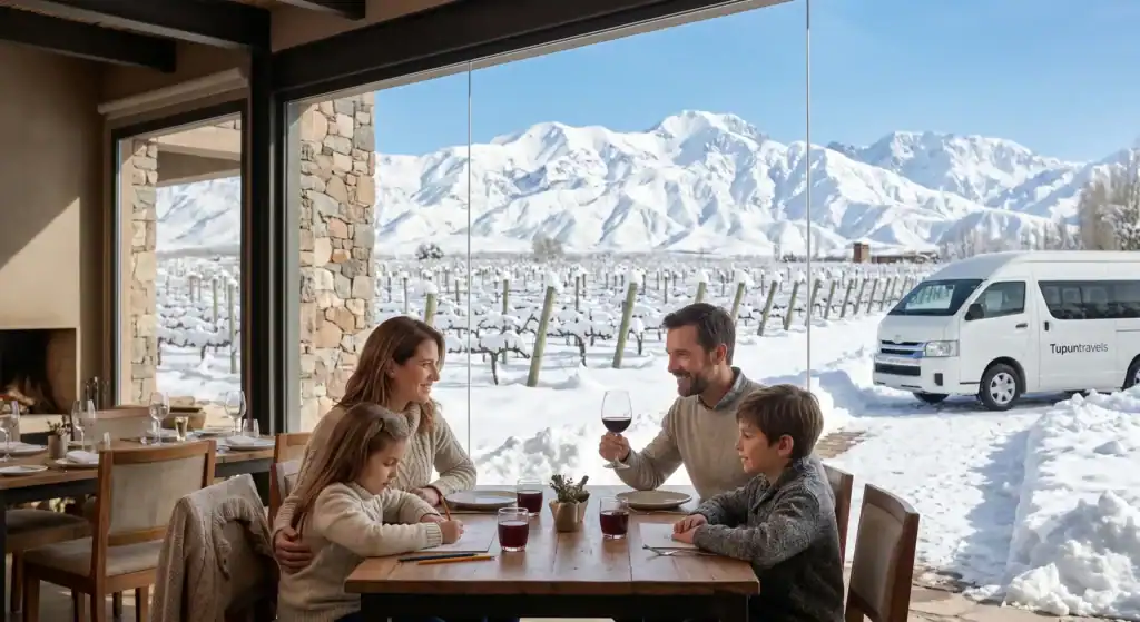 Familia paseando por los viñedos de Mendoza con la Cordillera de los Andes nevada de fondo en invierno.
