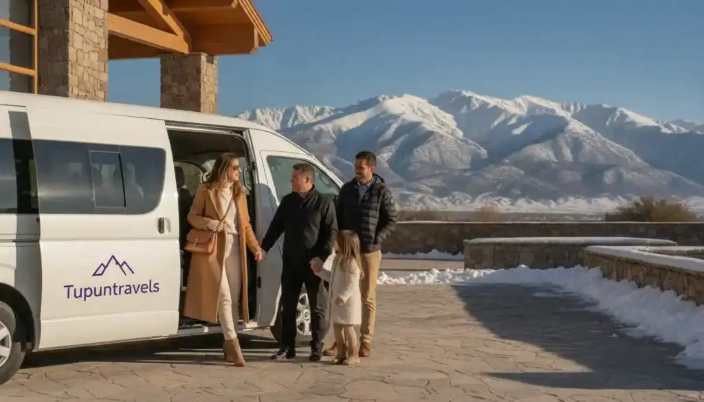 Camioneta Toyota Hiace blanca con ploteo morado de Tupuntravels trasladando a una familia en una bodega de Mendoza.
