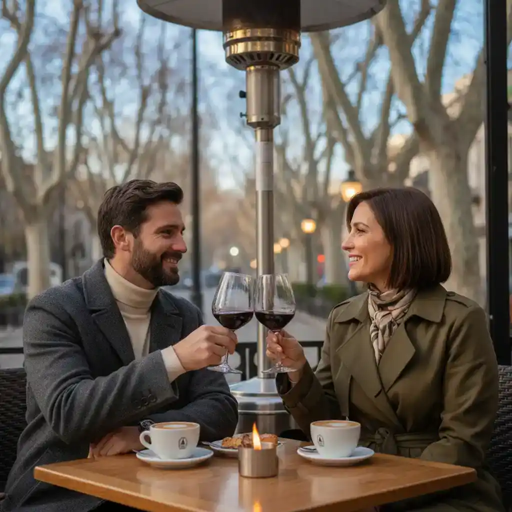 Turistas disfrutando de la gastronomía urbana en la Ciudad de Mendoza durante una tarde de invierno.